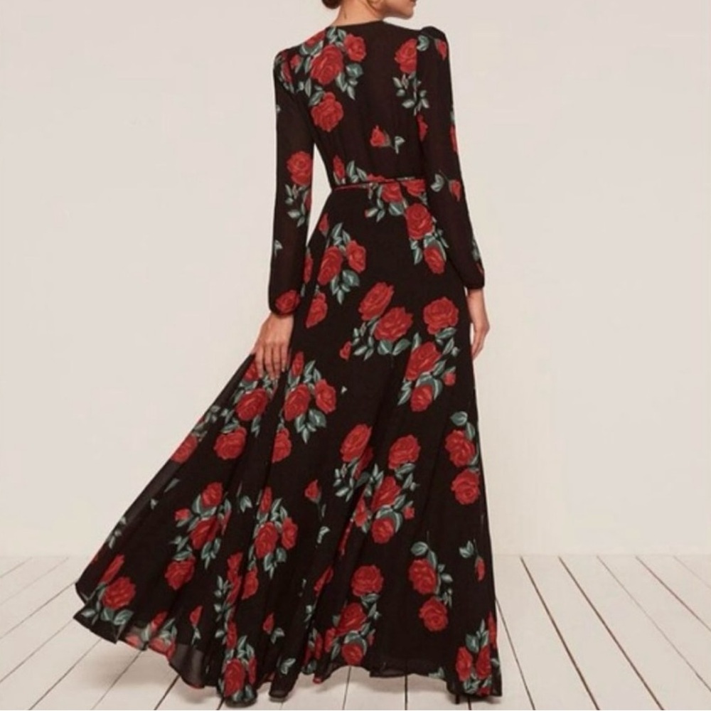 Reformation Black and Red Floral Long Sleeve Dress Size Medium - Picture 2 of 16